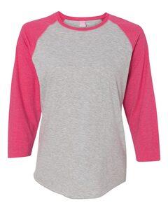 LAT 3530 - Ladies' Fine Jersey Three-Quarter Sleeve Baseball T-Shirt Vintage Heather/ Vintage Hot Pink