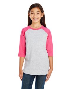 LAT 6130 - Youth Vintage Fine Jersey Three-Quarter Sleeve Baseball T-Shirt Vintage Heather/ Vintage Hot Pink