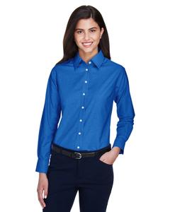 Harriton M600W - Ladies Long-Sleeve Oxford with Stain-Release Francés Azul