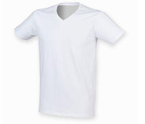 Skinnifit SF122 - Camiseta de Hombre de Algodón Elásstico Con Cuello de Pico Blanca