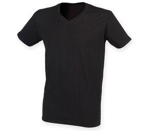 Skinnifit SF122 - Camiseta de Hombre de Algodón Elásstico Con Cuello de Pico Negro