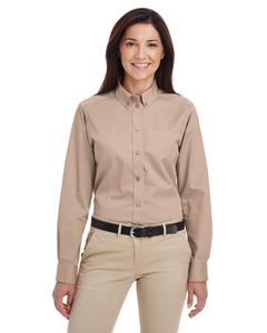 Harriton M581W - Ladies Foundation 100% Cotton Long Sleeve Twill Shirt with Teflon Khaki