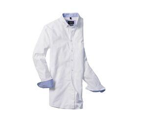 RUSSELL COLLECTION RU920M - MEN'S LONG SLEEVE TAILORED WASHED OXFORD SHIRT White/Oxford Blue
