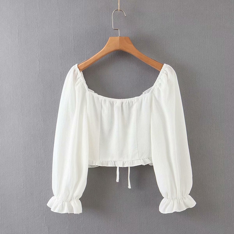 Shirred long-sleeved top with drawstrings