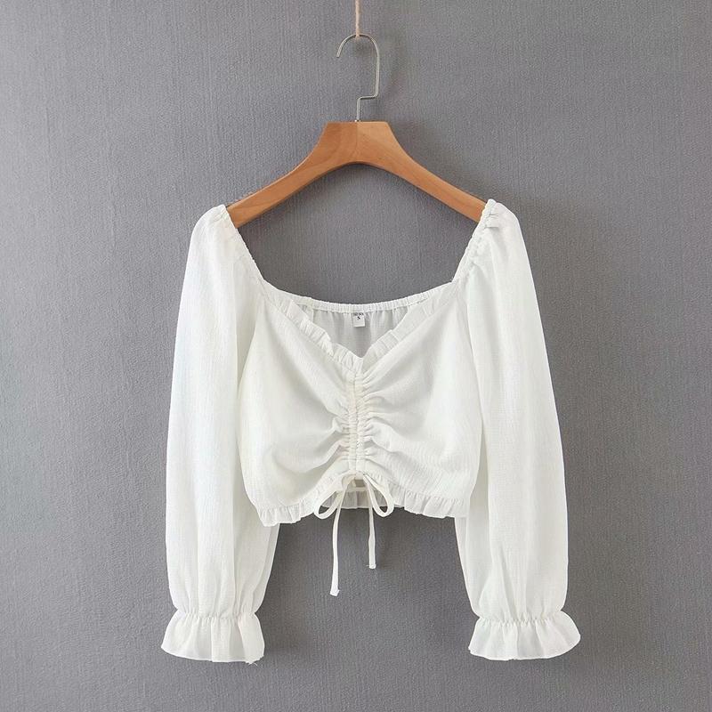 Shirred long-sleeved top with drawstrings
