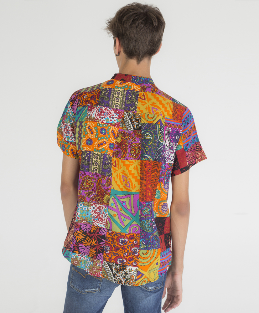Mao collar shirt with patchwork print 