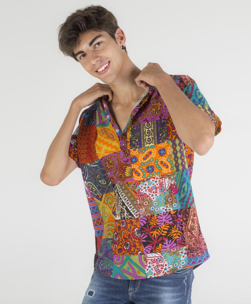 Mao collar shirt with patchwork print 