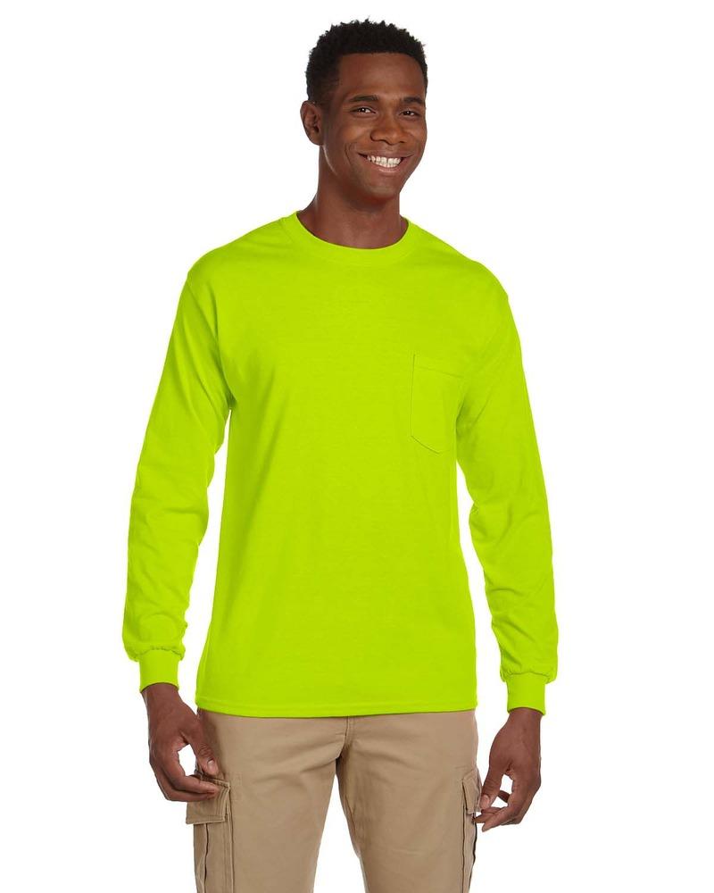 M - SAFETY GREEN Gildan Adult Ultra Cotton 6 oz Long-Sleeve Pocket T-Shirt Style # G241 - Original Label 